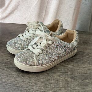 Betsey Johnson Iridescent Rhinestone Lace-Up Sneakers - White